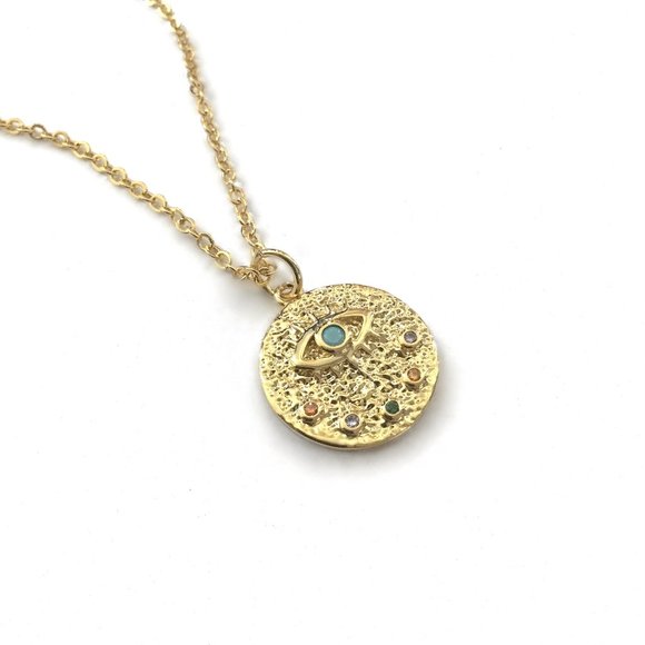 Small Evil Eye Multi Color Cubic Zirconia Turquoise Medallion Charm Necklace - Picture 3 of 5